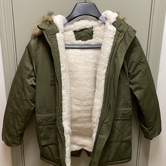 Childs Winter Sherpa Lined Faux Fur Trim Jacket Parka Coat New Olive US 14-16 - Picture 6 of 7
